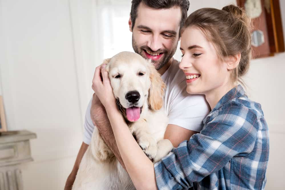 A couple hugs while holding a dog.