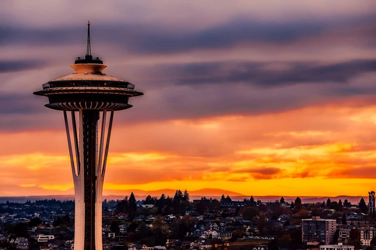 Aerial view of the Seattle Space Needle at sunset.