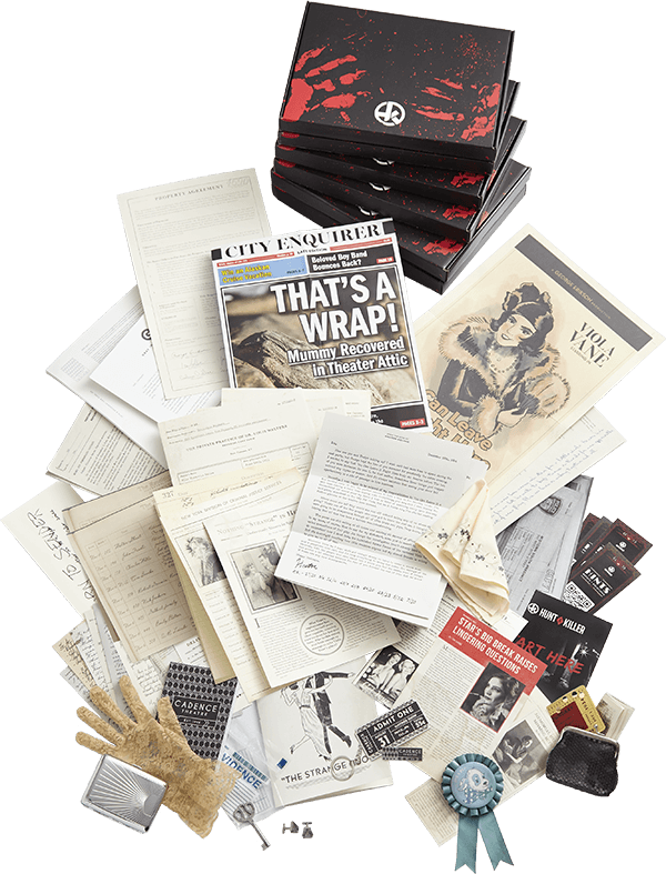 Murder mystery game pieces including newspapers and other relics.